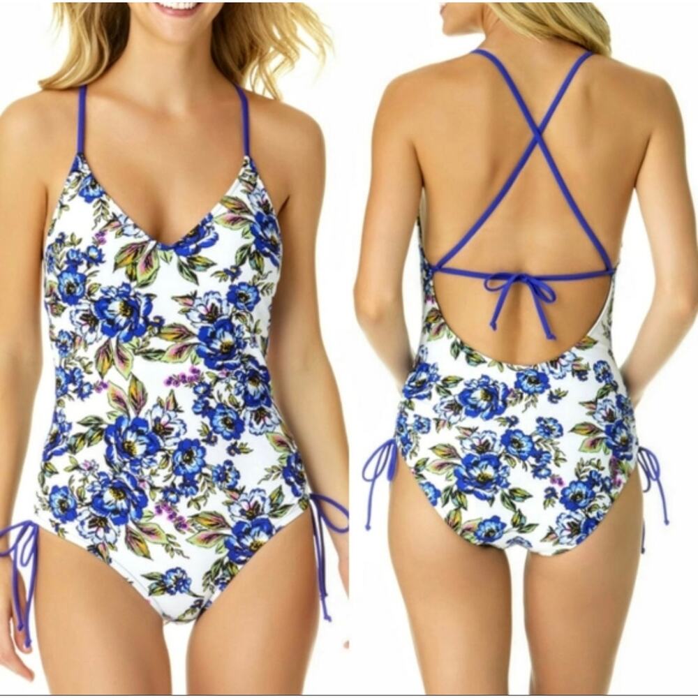 A.N.A New Approach Womens One Piece Swimsuit White Blue Romeo Floral Medium
